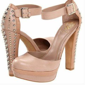 VINCE CAMUTO Nude Almond Toe Studded Heel Platform Pumps